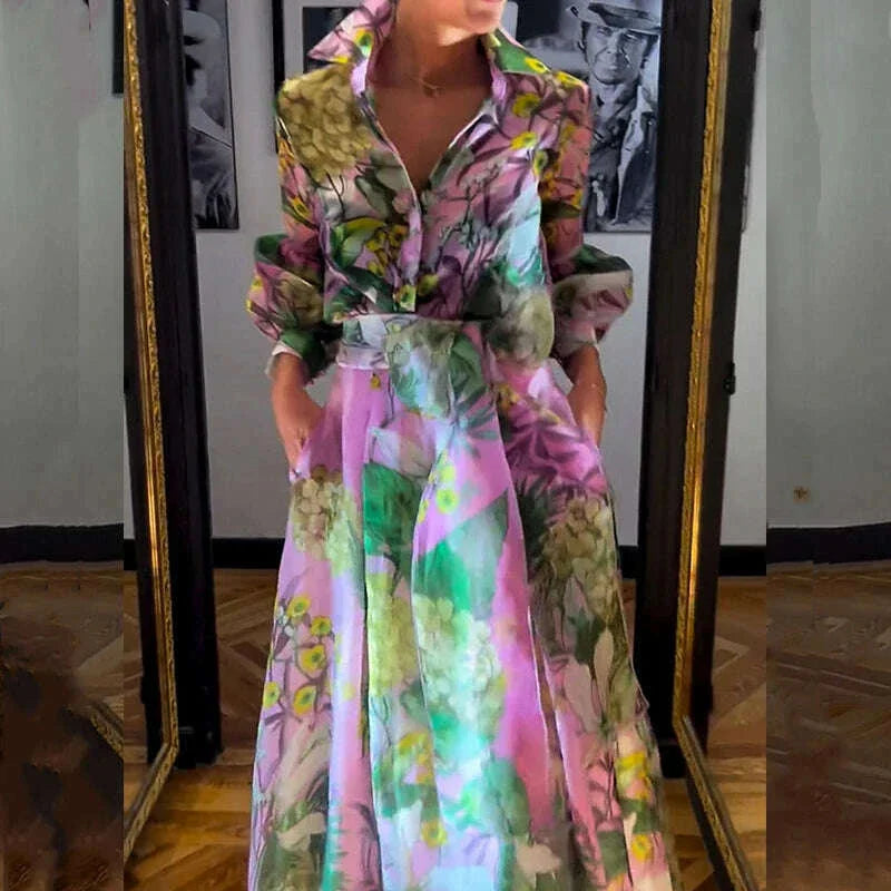 2024 Fashion Lace Up Party Outfit Elegant Pattern Print Autumn 2 Piece Sets Casual Lapel Lantern Sleeve Shirt + Long Skirt Suit