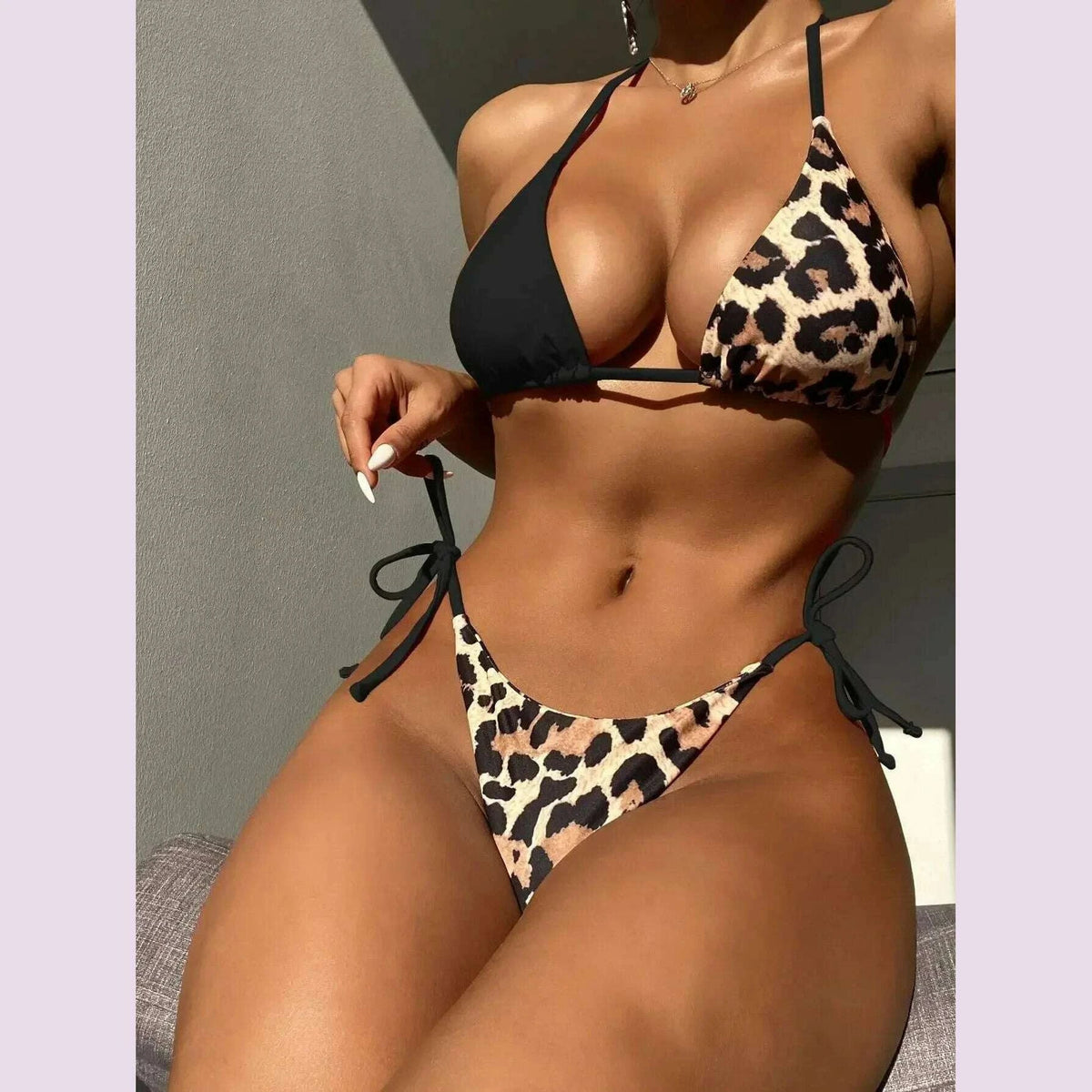 New Split Women's Swimsuit Leopard Print Sexy Halter Suspender Bikini Triangle Bag Bikini