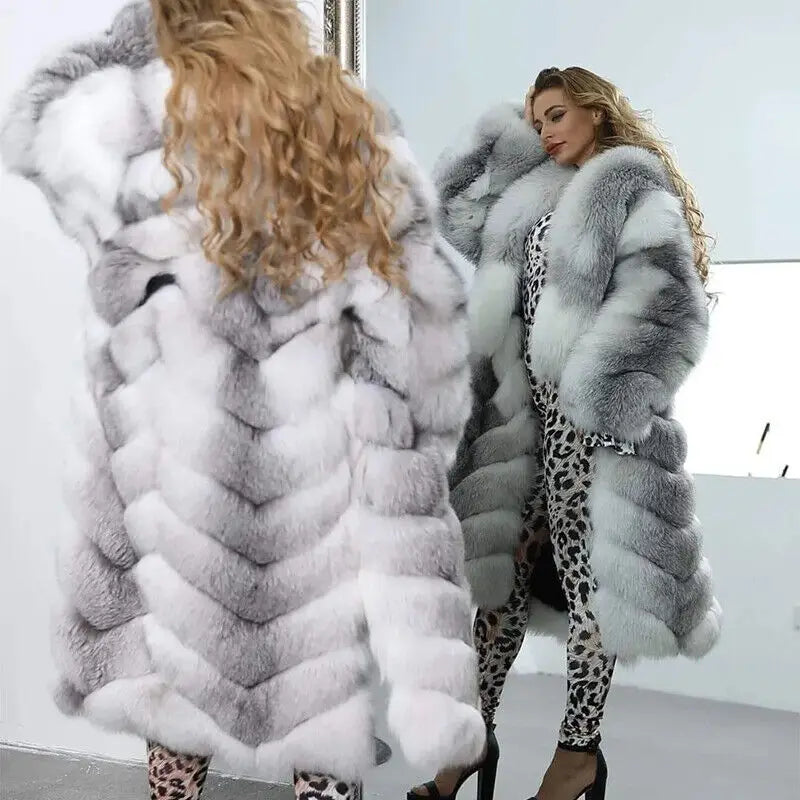 Luxury Women Genuine Cross Fox Fur Coat Full Pelt Natural Fox Fur Collar Thick Outwear Winter Warm Real Fur Overcoats