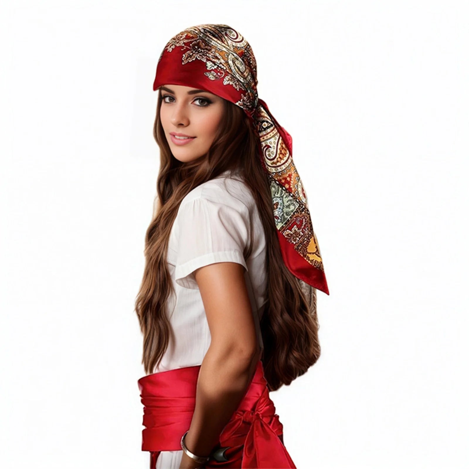 6pcs Halloween Pirate Cosplay Accessory Set - Headscarf, Waist Belt, Necklace, Eye Mask. Red/Black, Ideal for Halloween Parties