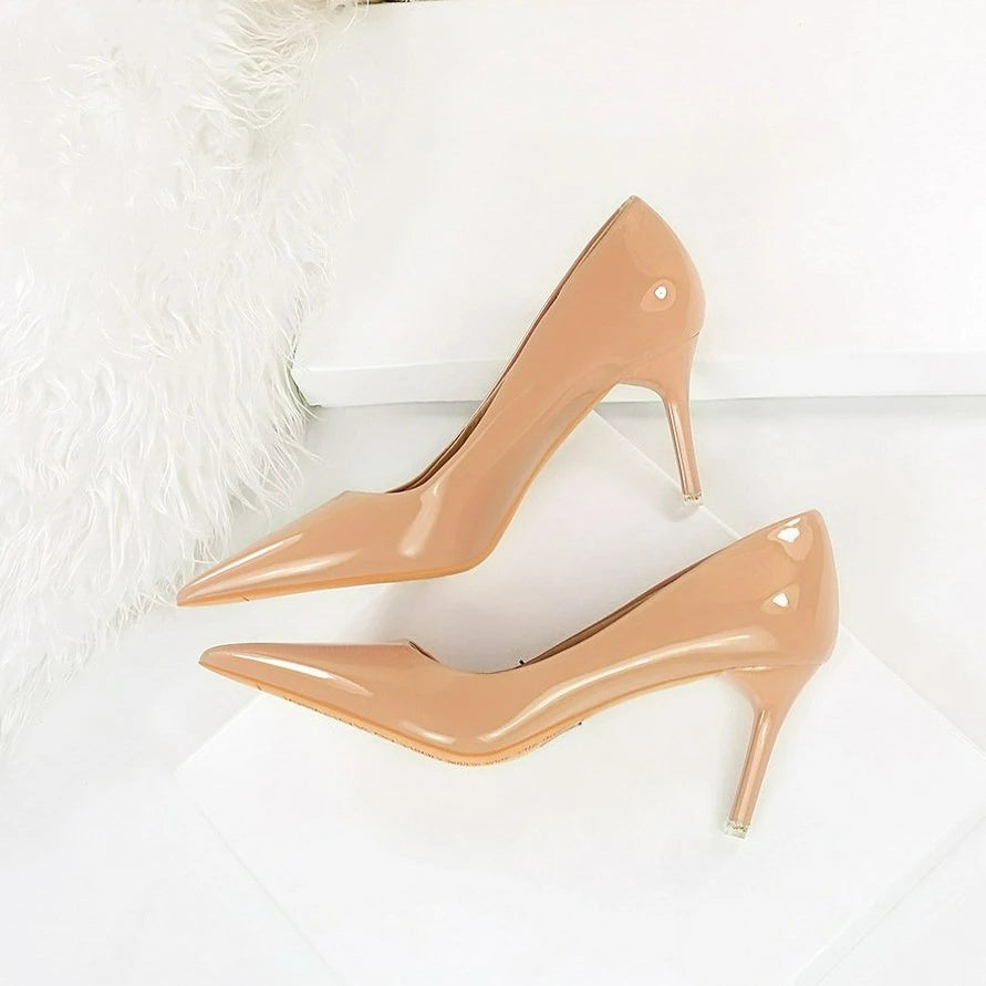 Fashion Women's High Heels Shallow Pumps Simple Office Shoes Pointed Toe Ladies Wedding Shoes Sexy Painted Leather Women Shoes