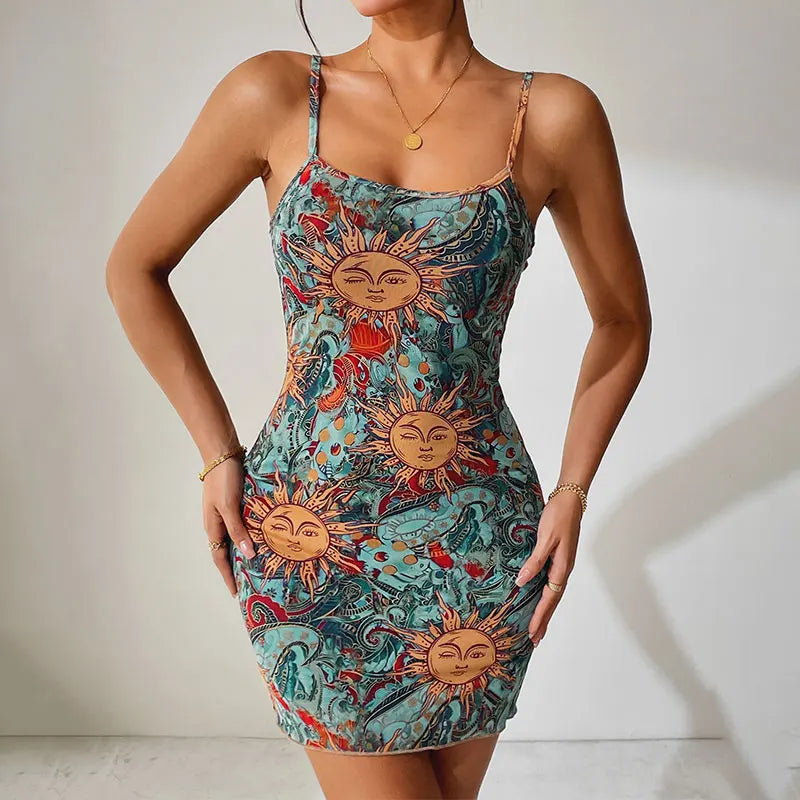 Women Mini Dresses Summer Streetwear Fashion Print Casual Slim Dress Club Party Elegant Sexy Sling Backless Lady Dress Clothing - Kimlud