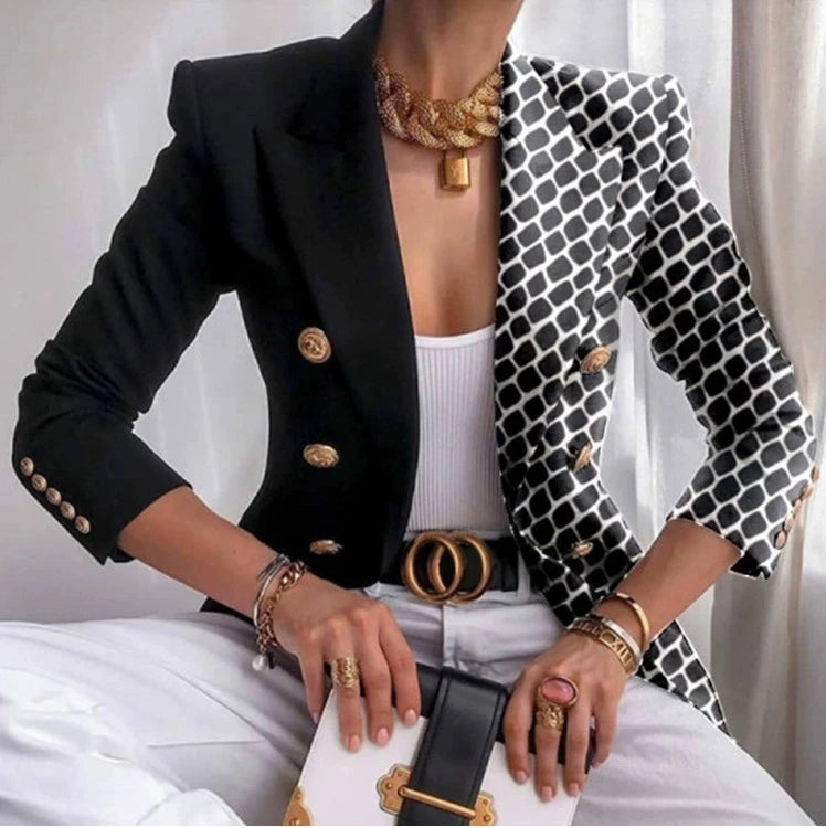 Women Vintage Print Office Lady Double Breasted Blazer Coat Autumn Fashion Notched Collar Long Sleeve Ladies Outerwear Chic Tops