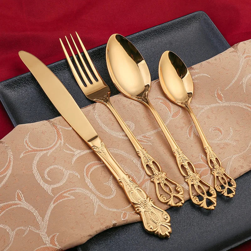 Golden Stainless Steel Cutlery Set Royal European Spoon Fork Complete Tableware Retro Design Dishwasher Safe Elegant...