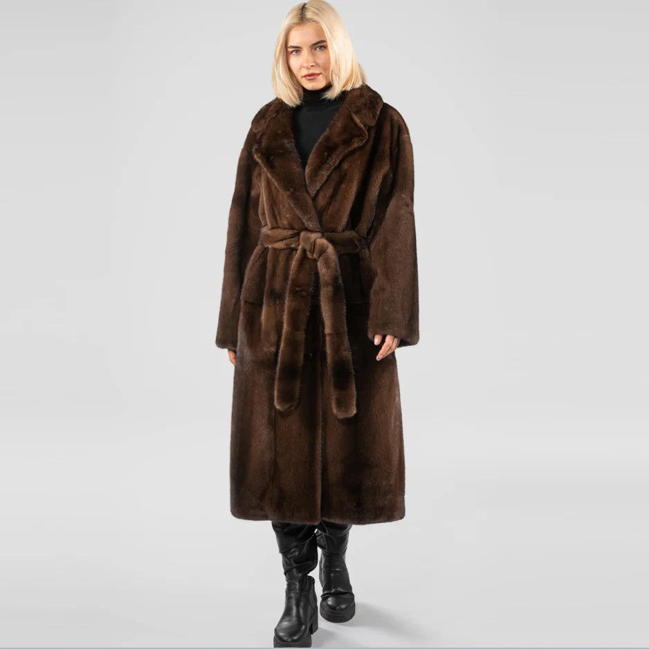 Ladies High Quality Real Mink Fur Coat with Belt Winter Warm European Street Style Women's Fashion Outerwear