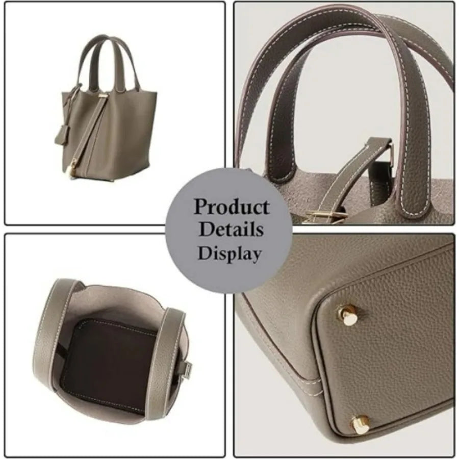 Genuine Leather Bucket Bag for Women: Lock Design Shoulder Handbag Versatile Top-Handle Tote Fashionable Vegetable...