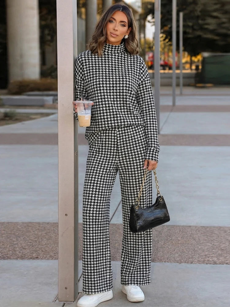 Houndstooth Half High Neck Top Pant Suit Women Color Blocking Full Sleeve Oversized Tops Leg Loose Pants Sets Lady Spring Set - Kimlud
