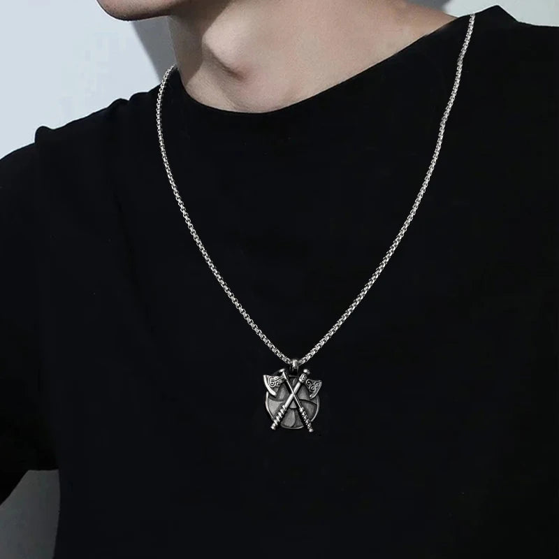 Retro Viking Double Axe Pendant Necklace For Women Men Silver Color Stainless Steel Box Chain Hip Hop Rock Neck Jewelry Gifts
