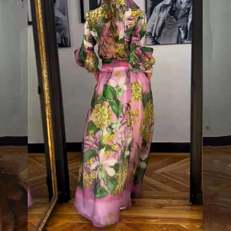 2024 Fashion Lace Up Party Outfit Elegant Pattern Print Autumn 2 Piece Sets Casual Lapel Lantern Sleeve Shirt + Long Skirt Suit