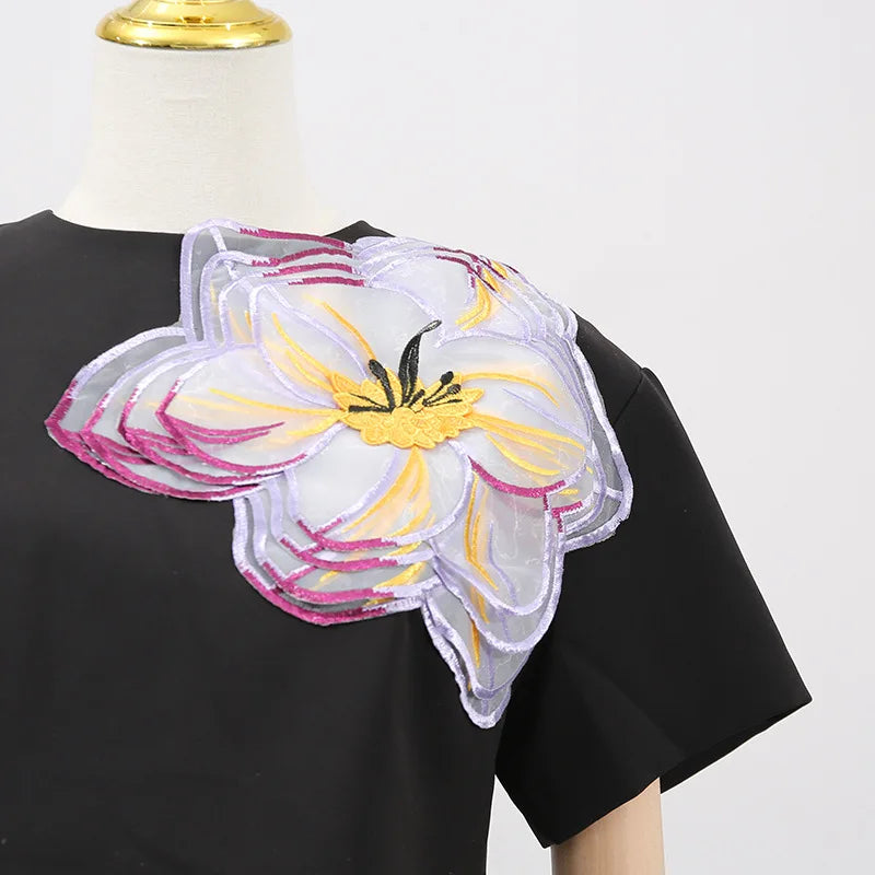 Women's Temperament Elegant Three Dimensional Flower Skirt Two Piece Set Slit Backless Cropped Top High Waist A-line Skirts Sets