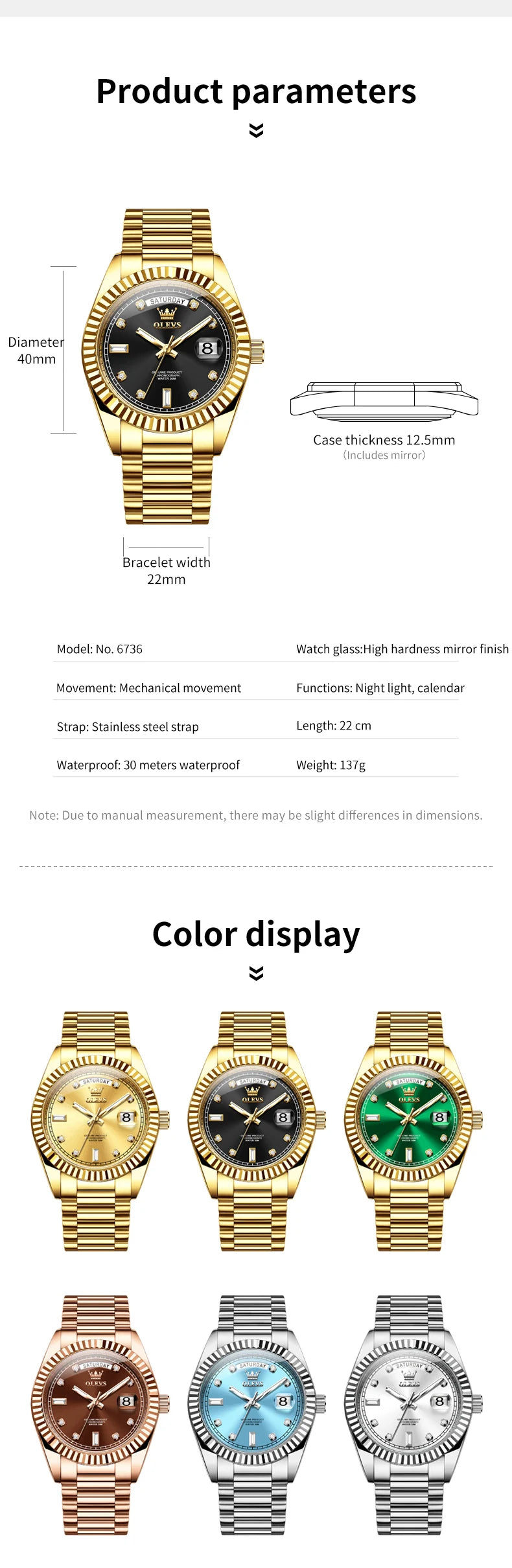 OLEVS Men's Fully Automatic Mechanical Watch Gold Stainless Steel Date Men's Night Light Waterproof Business Watch |...