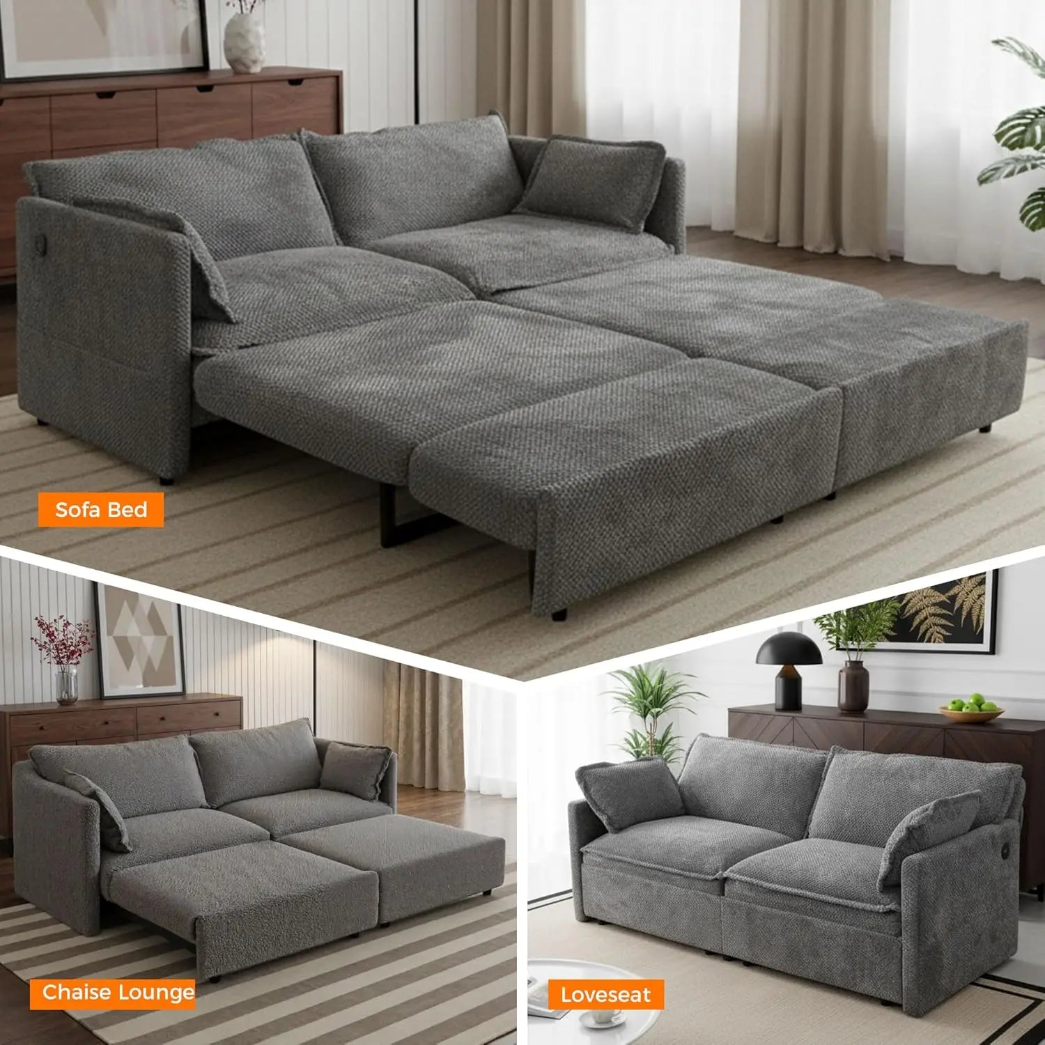 73in 3-in-1 Convertible Sofa Bed USB&C Ports Corduroy Sleeper with Side Pockets Living Room Bedroom Apartment Grey,...
