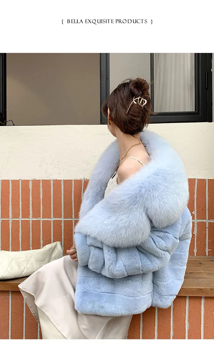 Fashion Women Real Rex Rabbit Fur Coats Long Natural Full Pelt Chinchilla Color Rabbit Fur Jackets With Real Fox Fur Collar Over
