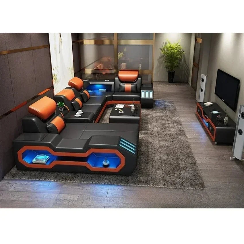 Modern LED Lighted Sofa Set with Recliner, Adjustable Headrest & Console | Luxury Leather Sectional Couch | Futuristic Furniture - Kimlud