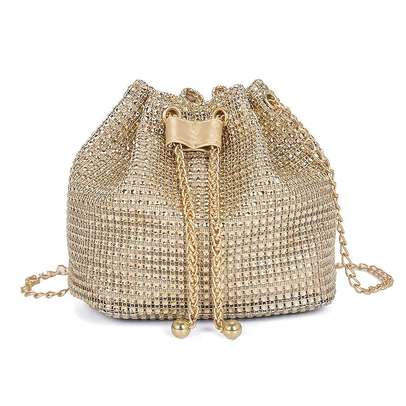 Sparkling Rhinestone Embellished Drawstring Crossbody Bag, Multi-Functional Bucket Purse, Formal Handbag for Women Daily Commute