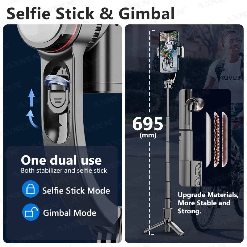 L18S Handheld Gimbal Stabilizer for Android iPhone Smartphone, 360 Rotate Shot Selfie Stick Monopod Tripod with 3 Color Light