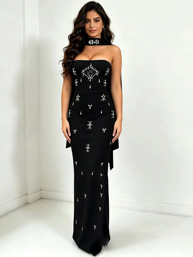 Sexy Strapless Luxury Rhinestones Bandage Dress Women with Scarf Black Sleeveless Diamonds Beading Bodycon Dresses...