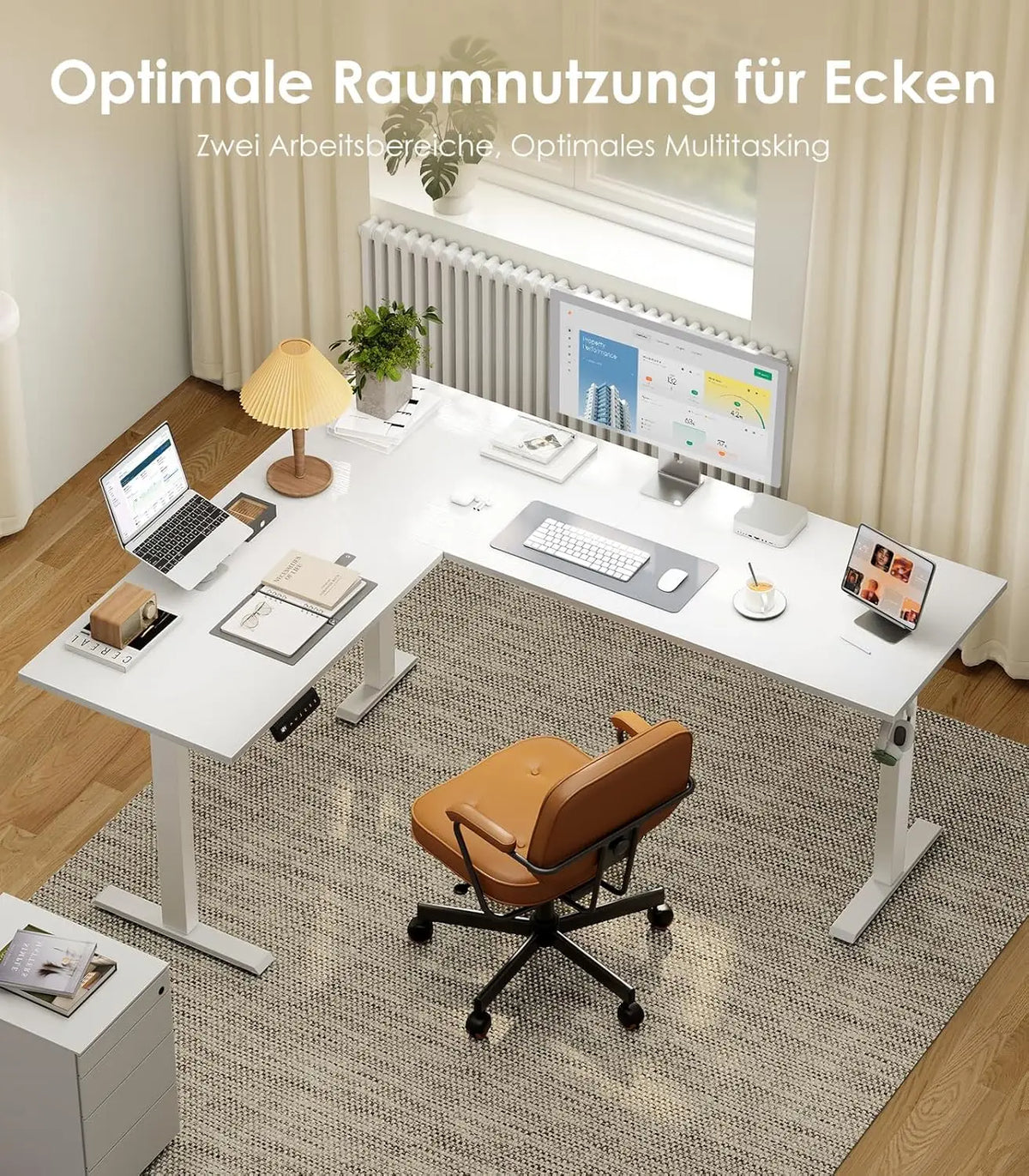 OffiGo L-Shaped Height Adjustable desk 180x140 cm desk Height Adjustable Electric White | Kimlud Office Luxury Desk