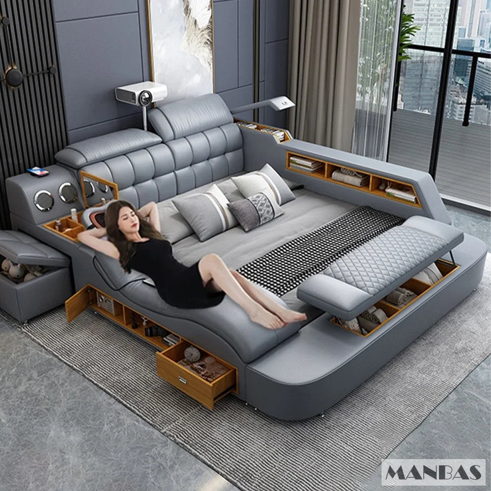 MINGDIBAO Luxury King Size Genuine Leather Bed / Tech Smart Bed / Multifunctional Ultimate Beds / Massage Bed with USB,Projecter