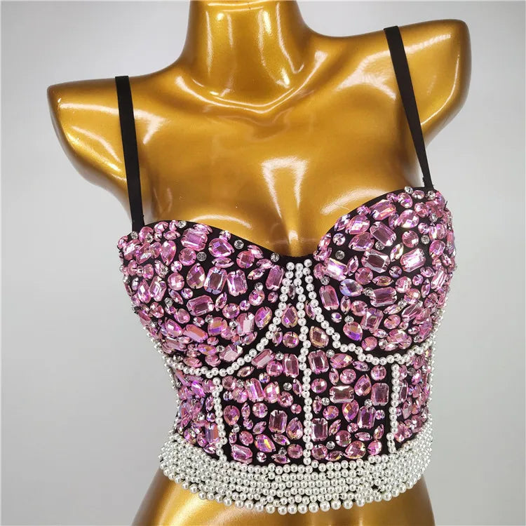 Quality Pearl Tank Tops Rhinestone Women Crop Top Club Clothes Streetwear Y2K Corset Woman Shaper Camis Fashion Feamale Clothing