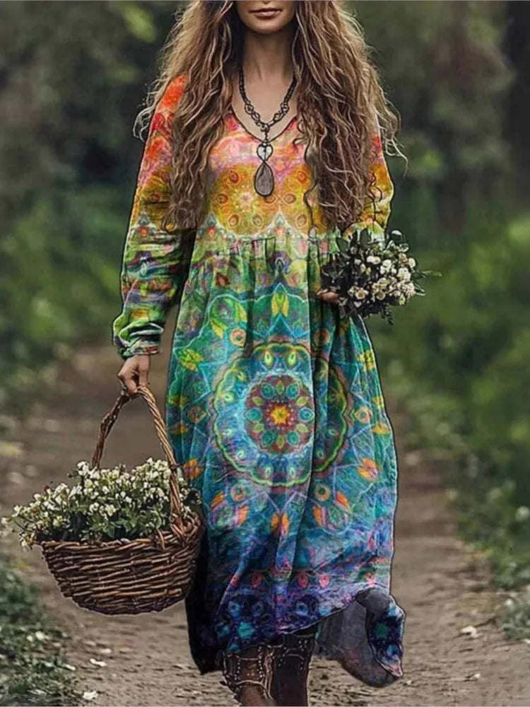 Boho Vintage Print Long Dresses For Women 2025 Casual V Neck Full Sleeve Splice High Waist Loose Dress Autumn Fashion Vestidos - Kimlud