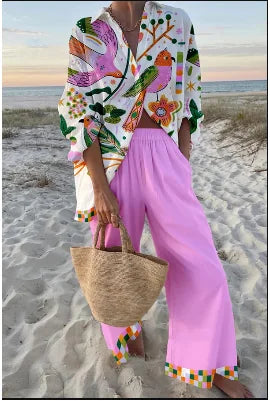 Casual Printed Two Piece Set Women Spring Summer New Fashion Comfort Holiday Button Long Sleeve Shirts And Wide Leg Pants 2 Sets