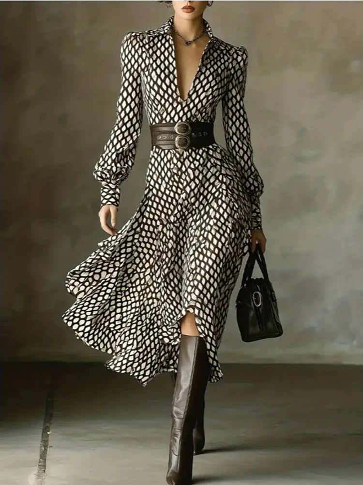 Spring and summer new style lapel print women's long sleeved dress diamond grid waist casual and comfortable dress