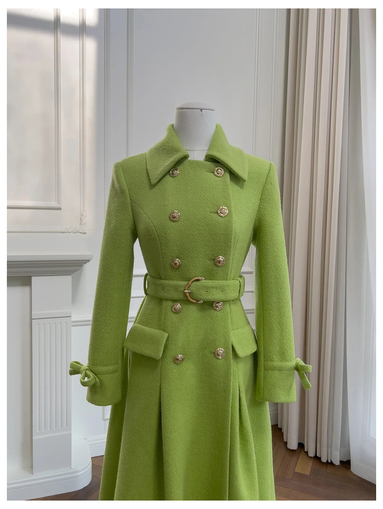IEQJ Fashion Autumn Winter Green Woolen Coat Women Turn Down Collar Long Sleeves Double Breasted Sashes Slim Blends Coats New