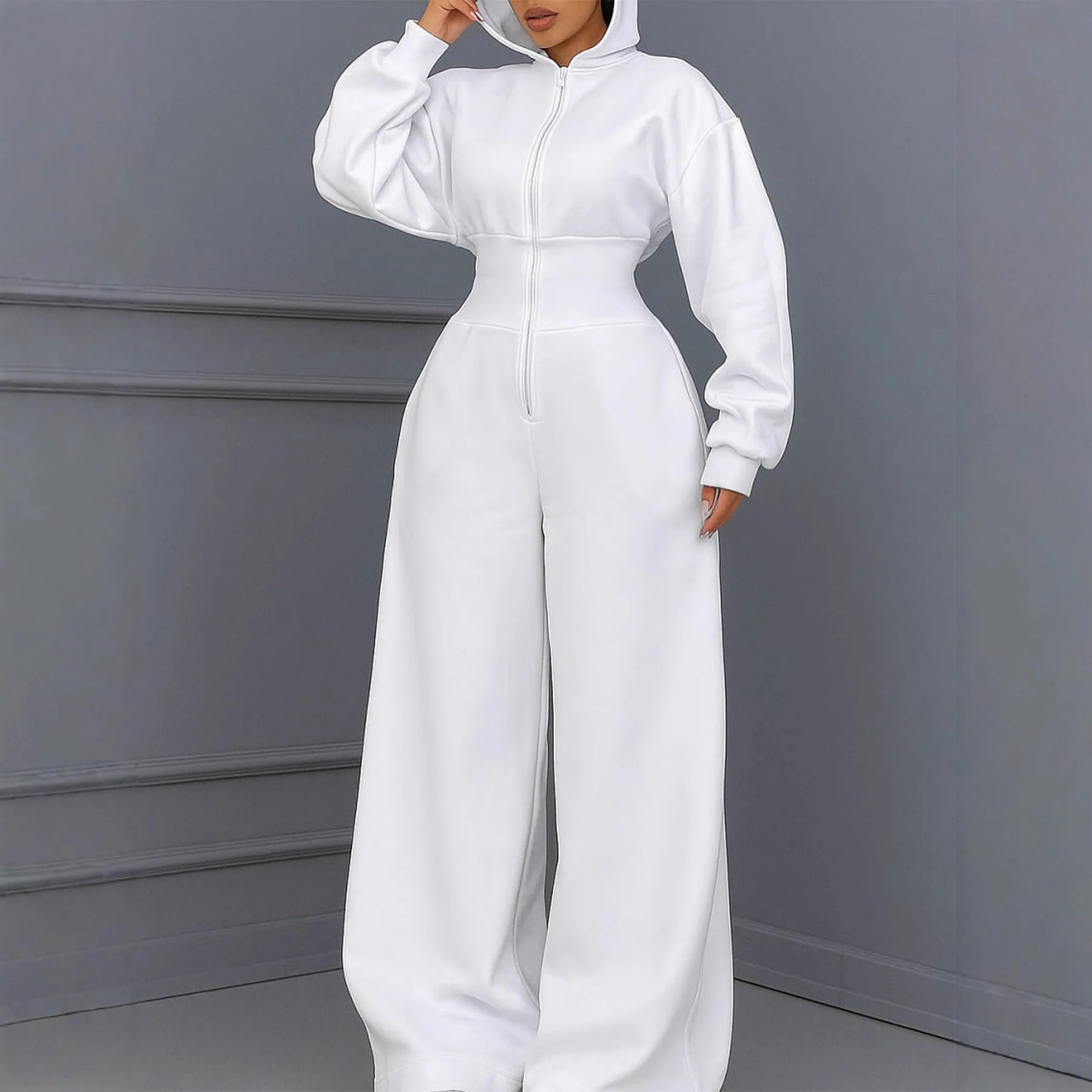 Women's Hooded Zipper Elastic Waist Jumpsuit Long Pants Sports Casual Solid Color Comfortable Casual Cross-Border Style