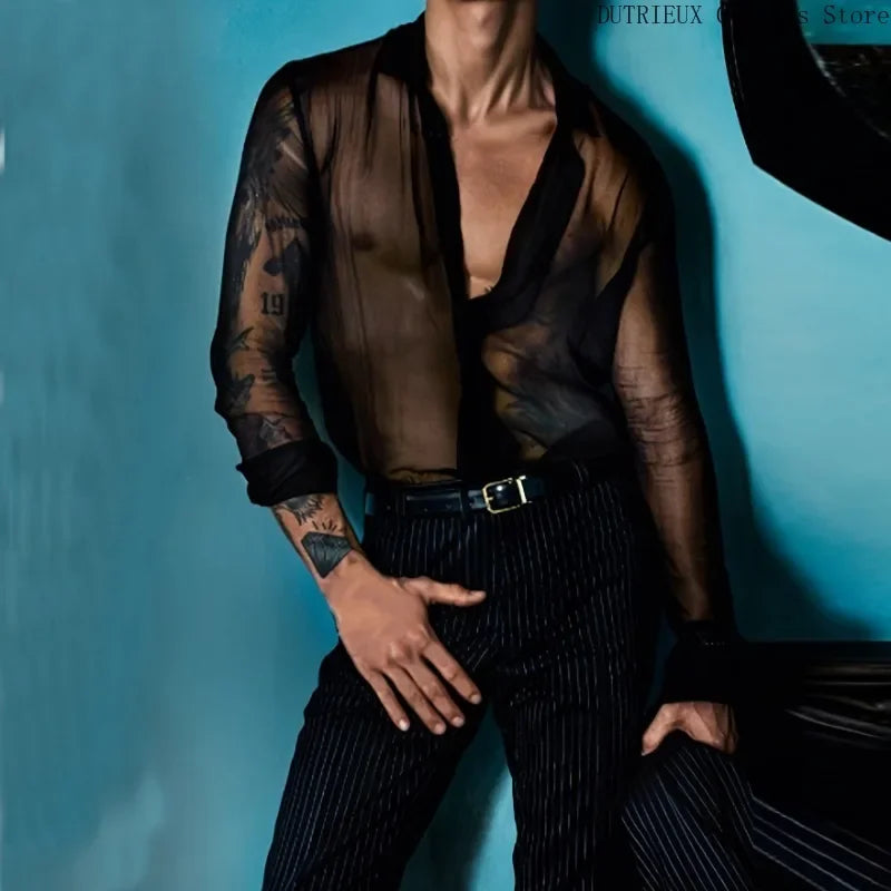 Men's Summer Black Thin See-through Clothes Men's Casual Shirt Breathable Blouse Night Bar Club Sexy Costume - Kimlud