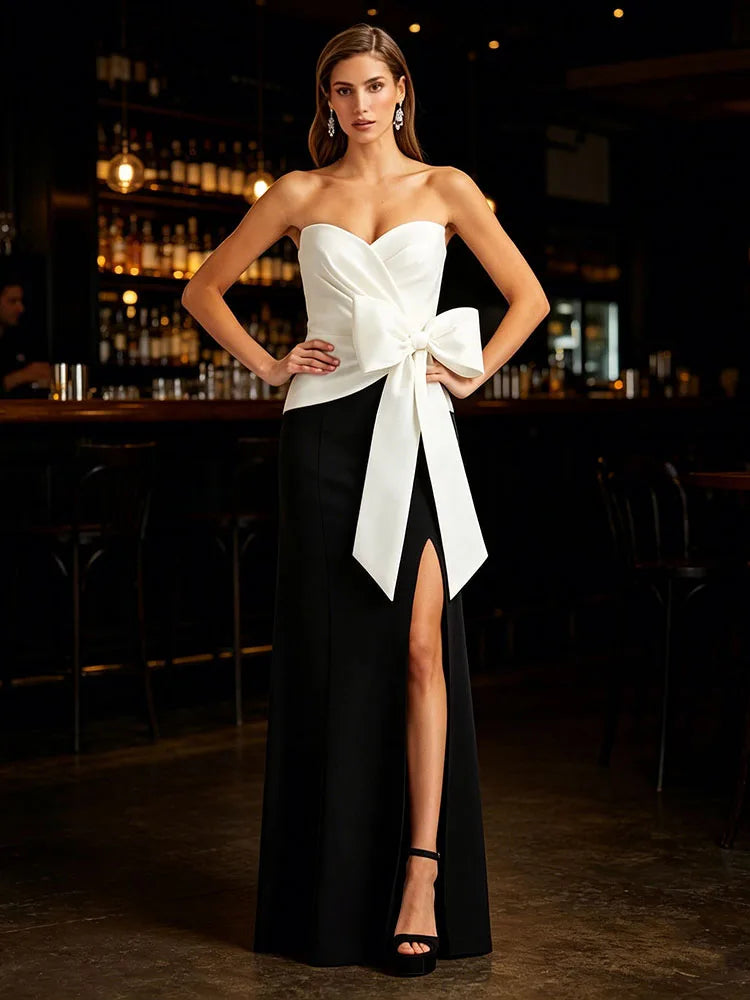 Sexy Strapless Black and White Patchwork Butterfly Bow Long Dress Women Sleeveless Ruched Split Slim Dresses Evening...