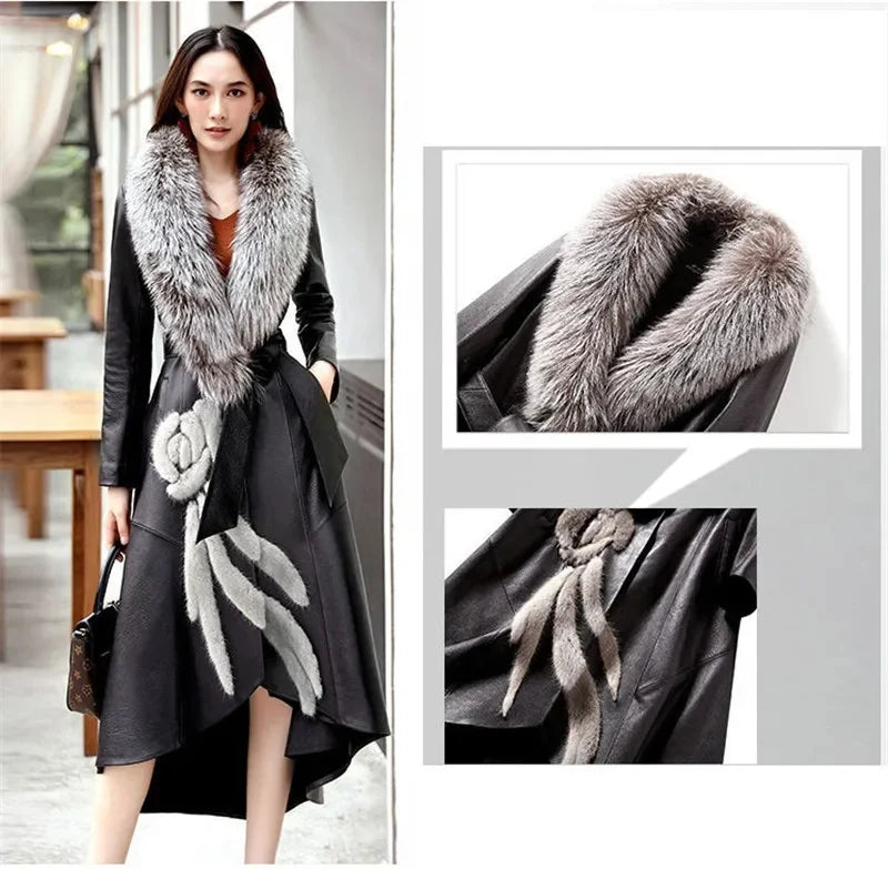 2025 New Women's PU Leather Jacket For Spring Autumn Slim Big Fur Collar Long Leather Coat Female Loose Leather Outerwear 7XL