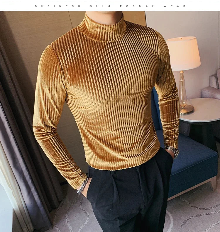 New Gold Velvet T Shirt Men Clothing Fashion Trend Male Luxury Prom Party Long-sleeved Striped Pullover Tops Homme - Kimlud