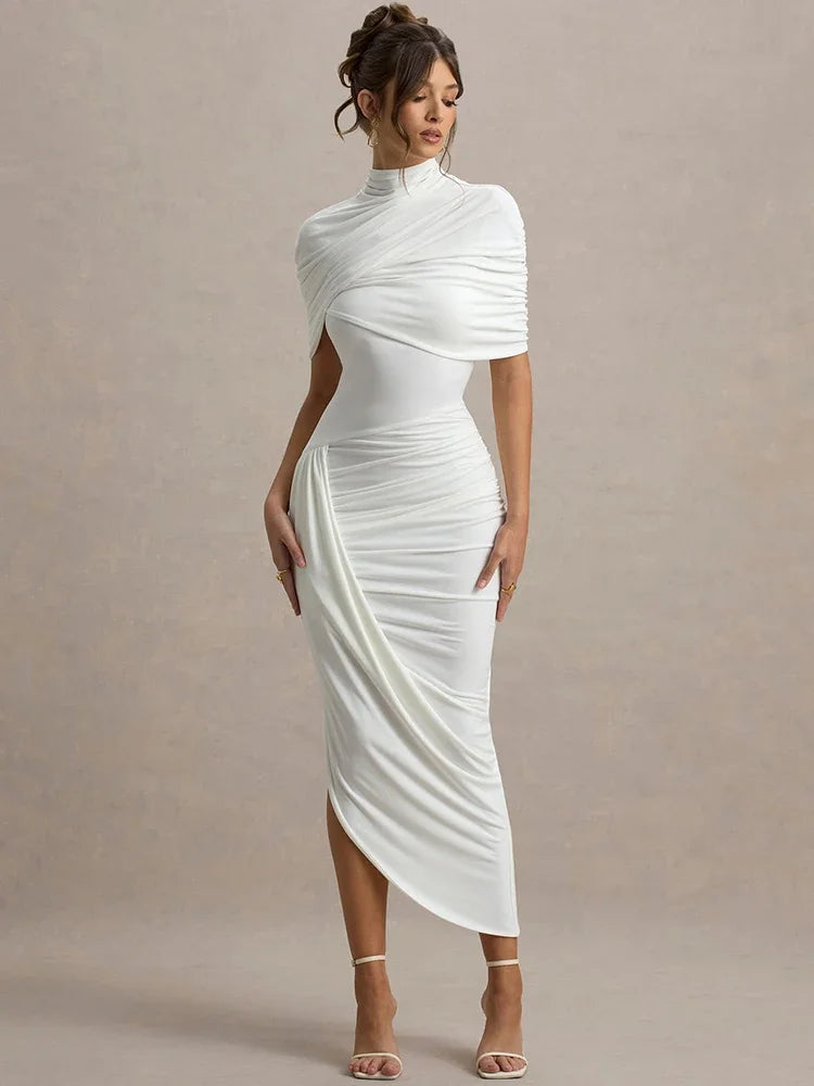 Half Sleeve Backless Ruched Sexy Maxi Dress Women Summer New Turtleneck Slim High Waist Evening Club Party Long Dress
