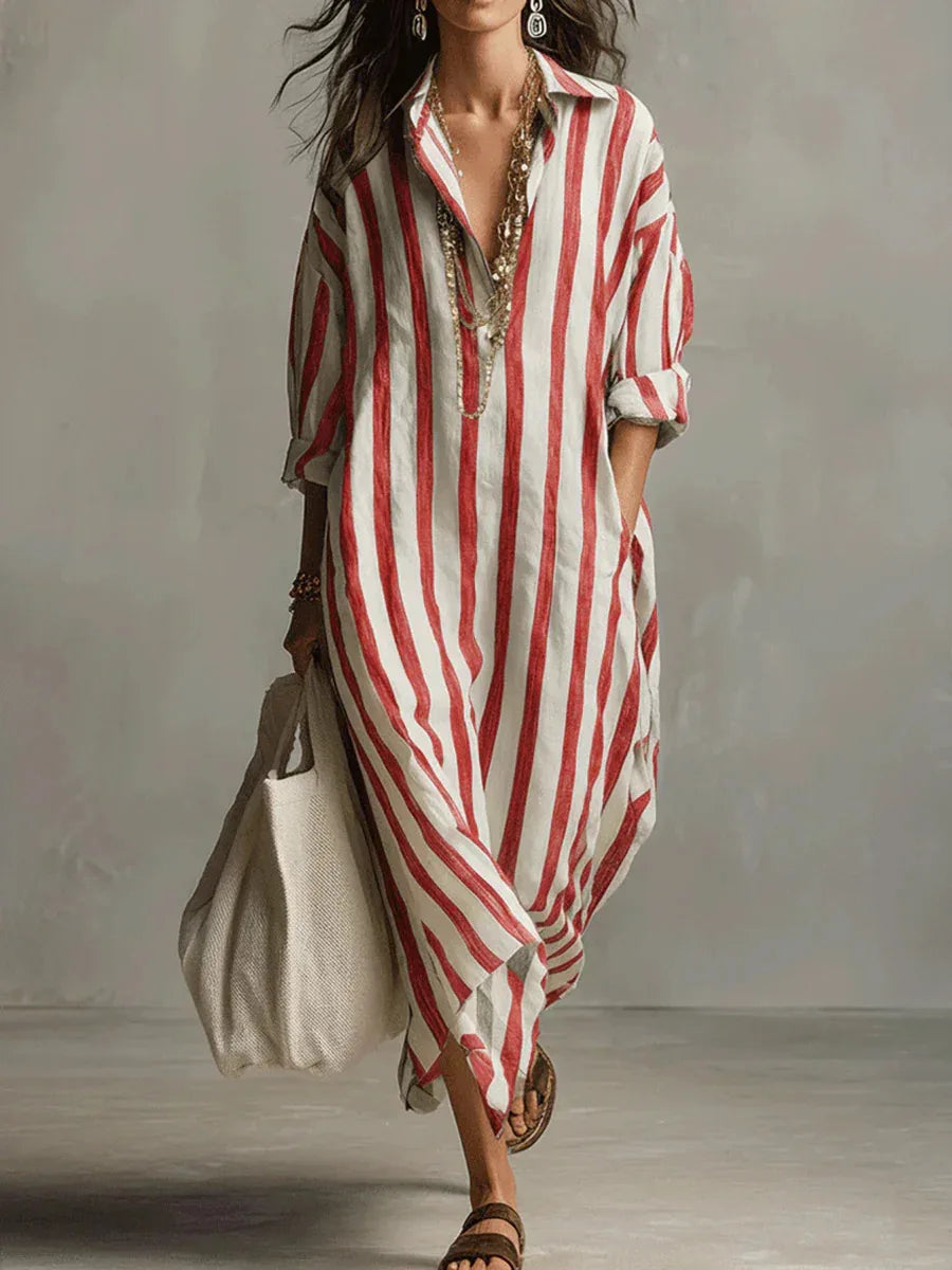 2026Spring Summer Casual Elegant Turn Down Collar Breathable Dress For Women Party Dress Boho Striped Printed Loose Beach - Kimlud