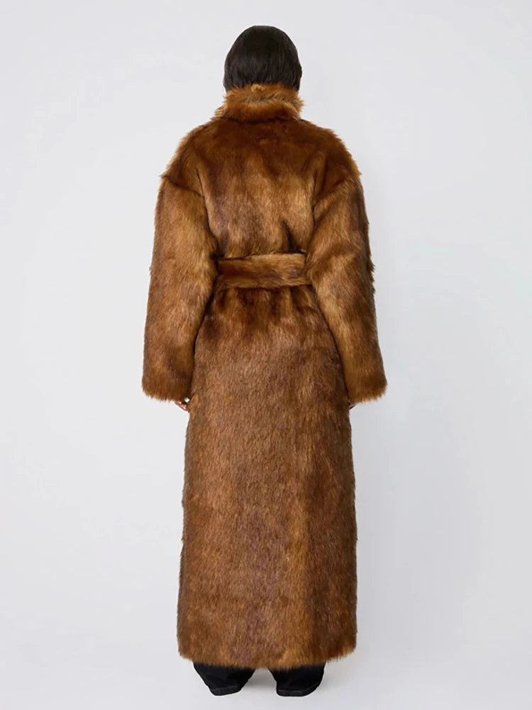 DEAT Fashion Brown X-long Faux Fur Coat Women's Lapel Loose Long Sleeves Sashes Plush Thick Overcoat Winter New 7A1470