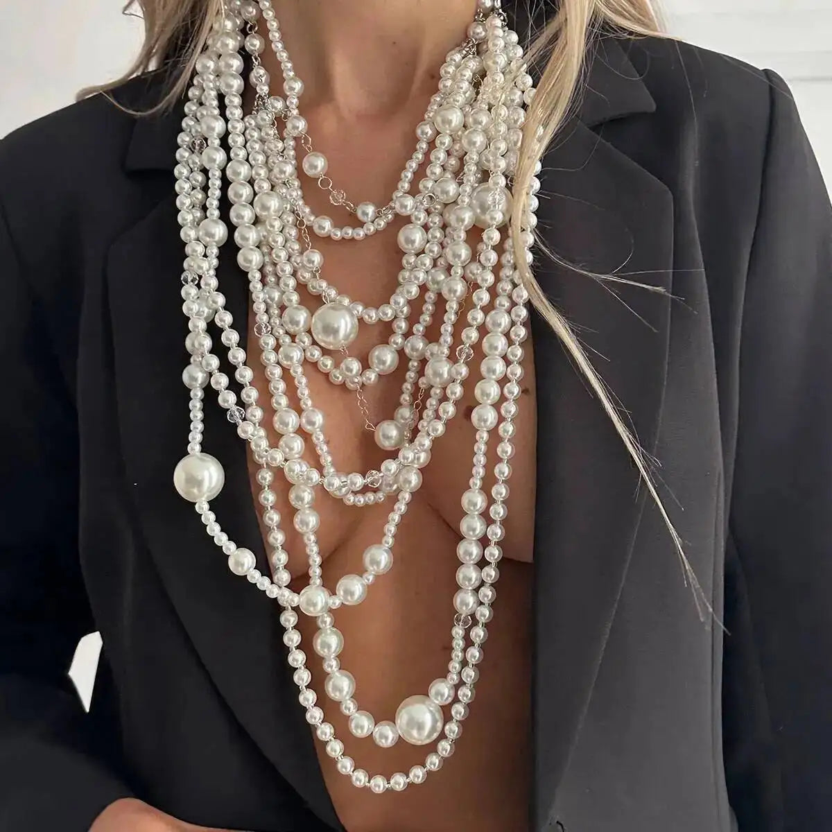SHIXIN Exaggerated Multi-layer Imitation Pearl Choker Necklace Women Luxury Long Tassel Pendant Sweater Chain Bridal Wed Jewelry