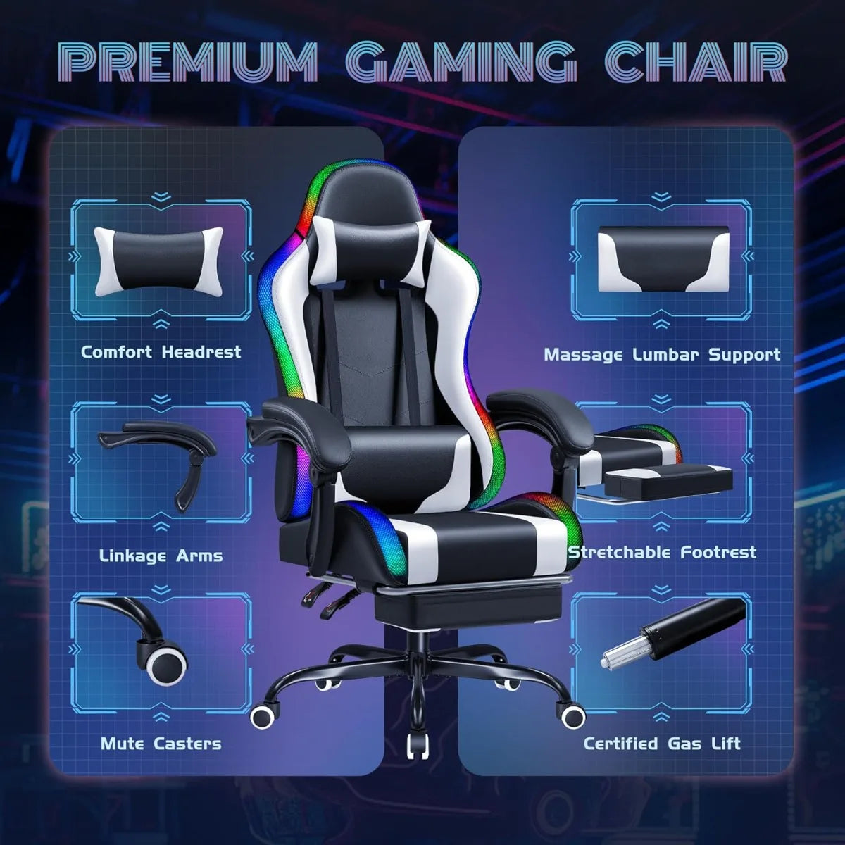 Furmax Gaming Chair with RGB LED Lights, Massage Lumbar Support & Footrest, Reclining High Back Computer Gamer Chair (White)