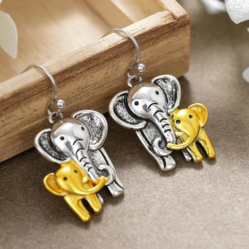 Huitan Cute Elephant Shaped Women Drop Earrings Two Tone Party Fashion Metal Accessories Delicate Lovely Animal Jewelry Gift