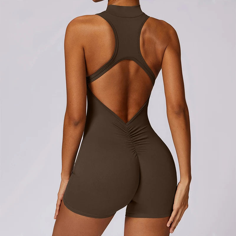 Backless Scrunch Sporty Jumpsuit Gym Tracksuit Women's Fitness Overalls Sexy Hollow One-Piece Sport Suit Zipper Workout Jumpsuit - Kimlud