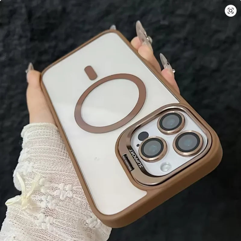 Luxury Magnetic Shockproof Phone Case For iPhone 15 14 13 12 11 16 17 Pro Max Plus 16E Funda Stand Glass Lens Protection Cover