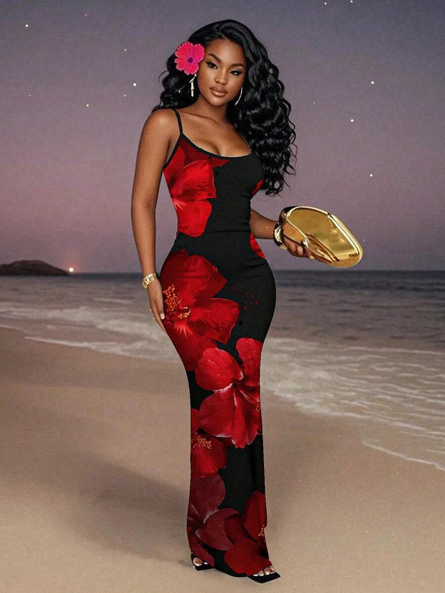 Womens Floral Print Elegant Waist Cinched Long Strap Dress For Party,Summer Dresses For Women