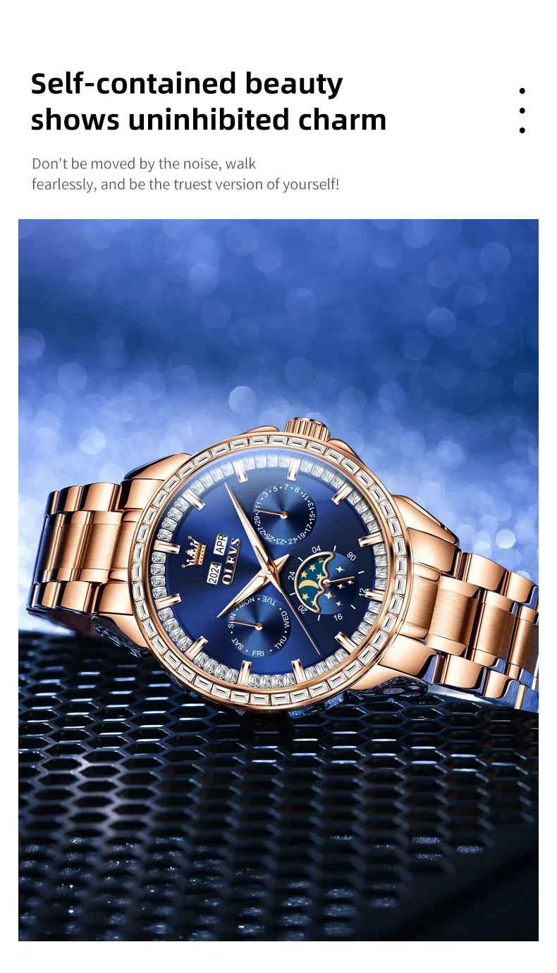 OLEVS 6695 NEW Men's Watches Full Multifunctional Dial Blue Leather Strap Calendar Week Moon Phase Waterproof Wristwatch...
