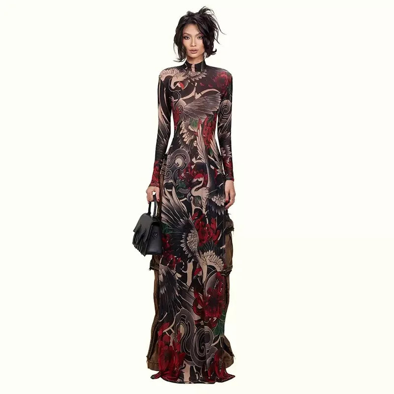 Spring New Women's Long Sve High Collar Plant Print Maxi Top Faionable Individuatic f High Ne Long Open Split Top