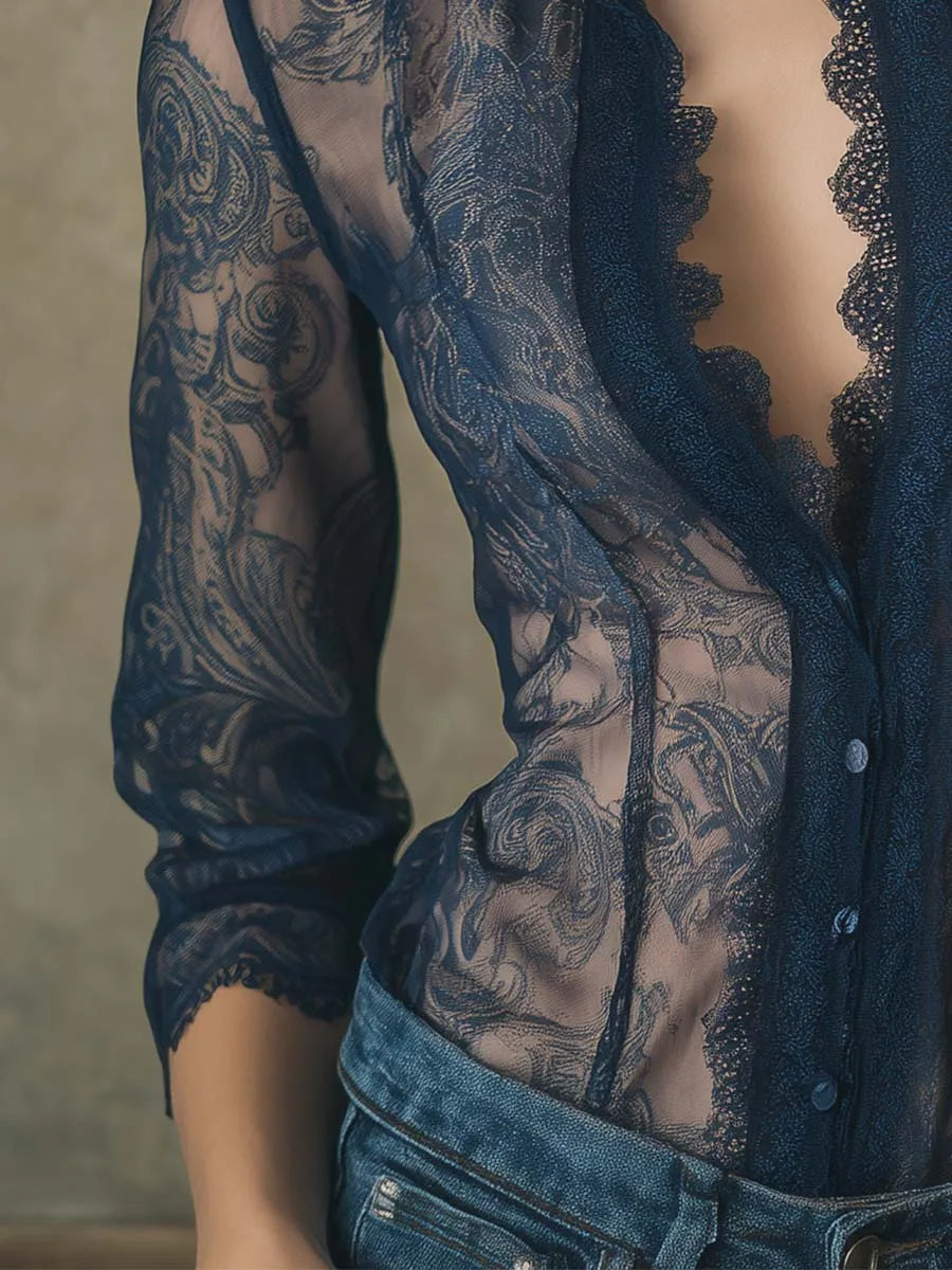 Romantic Paisley Print Lace Trim Sheer Shirt Sexy Single Button Long Sleeve Turn Down Collar Mesh Blouse Shirt Tops 2025