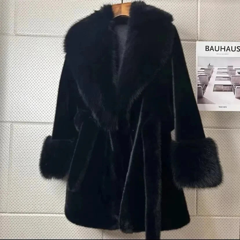 Faux Mink Fur Coat for Women,Covered Button Jacket,Casual Outwear,Adjustable Waist,Korean,Autumn and Winter,2025