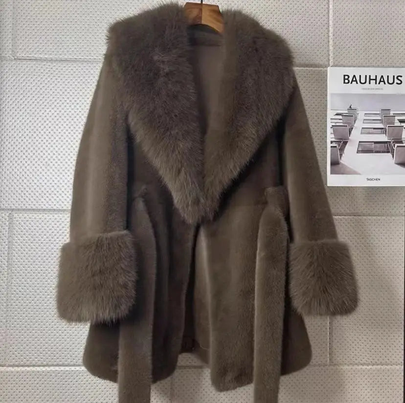 Faux Mink Fur Coat for Women,Covered Button Jacket,Casual Outwear,Adjustable Waist,Korean,Autumn and Winter,2025