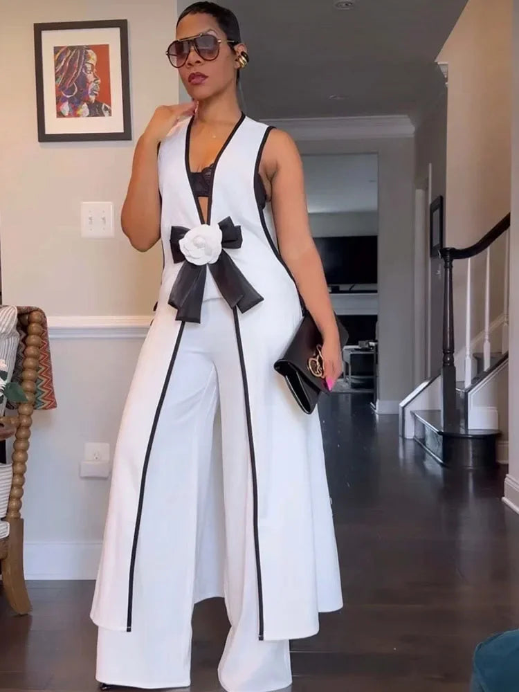 Bow Tie Appliques V-neck Sleeveless Long Top and Wide Leg Pants Matching Sets Women Two Piece Set Elegant Vintage Club Outfits - Kimlud