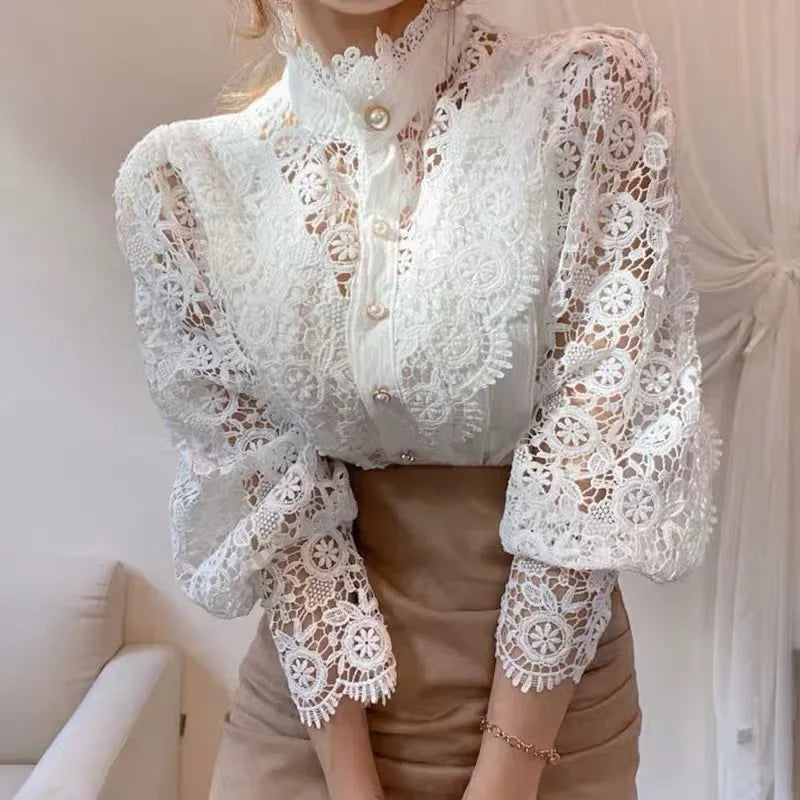 Spring Elegant Lace Office Shirt Women's Blouse Long Sleeve Button Up Blouses Tops 2025 Spring Fashion Casual Ladies Shirts Top