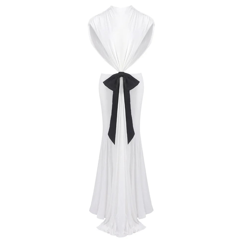 Sexy Elegant Backless Bow Lace Up Maxi Dress Women Sleeveless Hollow Out Party Evening Long Dresses White Purple Robes